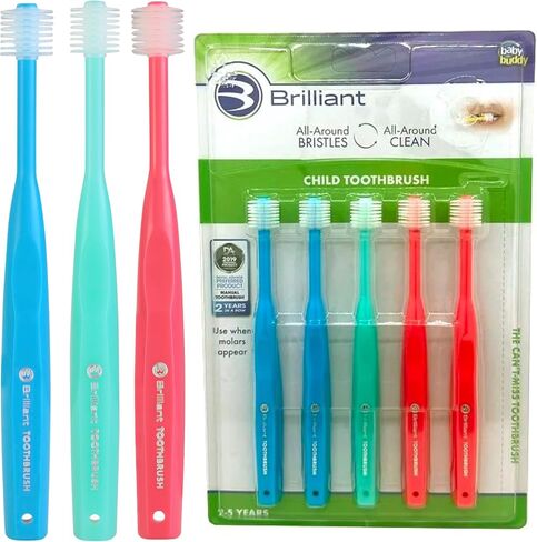 Brilliant Oral Care Child Toothbrush with Soft Bristles and Round Head, for a Kid Approved, Easy to Use All-Around Clean Mouth, Ages 2-5 Years, Assorted Colors, 5 Pack in Kuwait