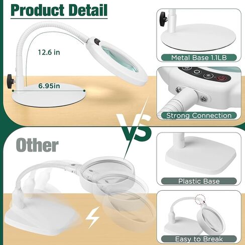 عدسة مكبرة 10X مع ضوء وحامل، 5 أوضاع ألوان، مصباح مكتبي مكبر مرن قابل للتعتيم بدون خطوات، عدسة مكبرة بإضاءة LED بدون استخدام اليدين للعمل عن قرب وهواية القراءة والرسم in Kuwait