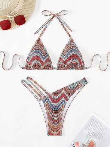 SHENHE Women's 2 Piece Striped Triangle Bikini Sets High Cut Halter Swimsuit Bathing Suit in Saudi Arabia