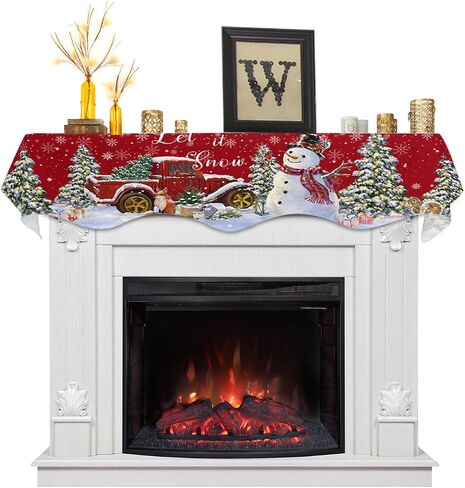Winter Christmas Fireplace Mantel Scarf Cover, Mantel Shelf Top Scarf Runner for Christmas Halloween Thanksgiving Fall Indoor Decorations Red Truck Snowman Pine Tree 70'' L x 17'' W in Kuwait