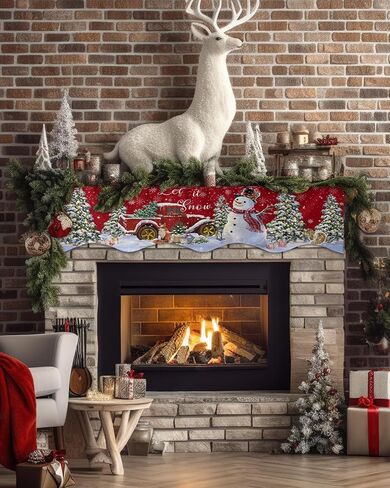 Winter Christmas Fireplace Mantel Scarf Cover, Mantel Shelf Top Scarf Runner for Christmas Halloween Thanksgiving Fall Indoor Decorations Red Truck Snowman Pine Tree 70'' L x 17'' W in Kuwait