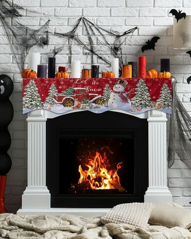 Winter Christmas Fireplace Mantel Scarf Cover, Mantel Shelf Top Scarf Runner for Christmas Halloween Thanksgiving Fall Indoor Decorations Red Truck Snowman Pine Tree 70'' L x 17'' W in Kuwait