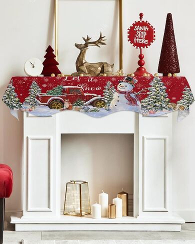 Winter Christmas Fireplace Mantel Scarf Cover, Mantel Shelf Top Scarf Runner for Christmas Halloween Thanksgiving Fall Indoor Decorations Red Truck Snowman Pine Tree 70'' L x 17'' W in Kuwait