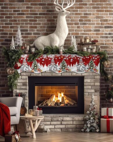 Winter Christmas Fireplace Mantel Scarf Cover, Mantel Shelf Top Scarf Runner for Christmas Halloween Thanksgiving Fall Indoor Decorations Red Truck Snowman Pine Tree 70'' L x 17'' W in Kuwait