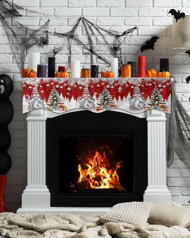 Winter Christmas Fireplace Mantel Scarf Cover, Mantel Shelf Top Scarf Runner for Christmas Halloween Thanksgiving Fall Indoor Decorations Red Truck Snowman Pine Tree 70'' L x 17'' W in Kuwait