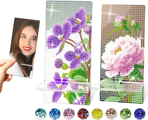 مجموعة أدوات الرسم الماسي من فان جوخ، حامل الهاتف وعلى الظهر عبارة عن مرآة فنية ماسية، مجموعة فنية فنية من حجر الراين الكريستالي 5D هدية للبالغين (عبوتان من عباد الشمس/السوسن) in Kuwait
