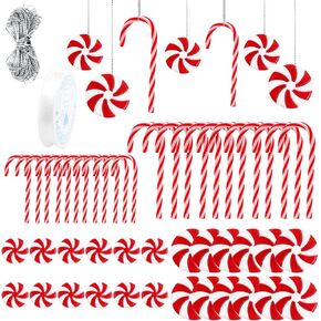 LOMIMOS 50Pcs Christmas Candy Cane Lollipop Swirl Decor, Plastic Xmas Tree Hanging Decoration Ornament with Crystal Wire Silver Thread for Craft Party Home(Red and White)