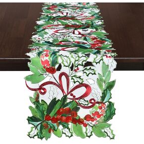 Grelucgo Embroidered Christmas Holiday Holly Leaves Table Runner (14x108 inches)