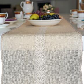 CHICON 12x48 Burlap Table Runner with Lace - Dresser Cover or Farmhouse Table Runner - Natural Cream Beige Burlap Fabric - Rustic Wedding Table Decorations - Collection 3 - 12x48