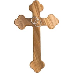 Wooden Wall Cross with Interlocking Wedding Bands | Reminder to Keep Christ Present in Marriage | Great Christian Gift for Wedding and Anniversary | Home Décor