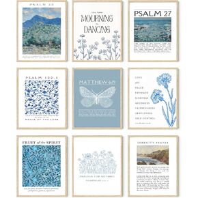 FYARTKJ 9Pcs Bible Verse Wall Art Prints Christian Blue Scripture Quotes Posters Vintage Religious Gallery Wall Decor Pictures for Living Room Bedroom Decoration, 8x10in Unframed