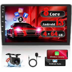 4+64GB 8 Core 10.1 Inch Android 13 Car Stereo Double Din Wireless Carplay Android Auto, Fuluku Touch Screen Android Radio, GPS Navigation, WiFi, 32EQ DSP, Bluetooth, 59 UI, SWC, Mic, Backup Cam