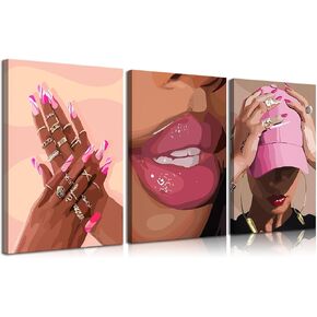 3Pcs African American Black Woman Canvas Wall Art pink Fashion Black Girl Wall Decor Pictures Posters Prints for Home Living Room Bedroom Bathroom Decoration Prepare to hang