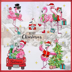 Mfault Merry Christmas Flamingo Beach Window Clings 4 Sheets, Tropical Xmas Tree Red Truck Believe Stickers Decals Decorations, Winter New Year 2025 Party Home Kitchen Decor Holiday Gifts
