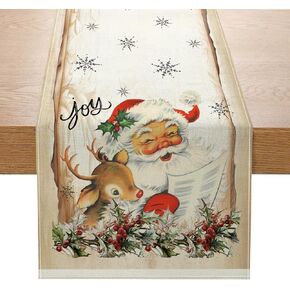 Vintage Christmas Santa Claus Table Runner 13x72 Inch Xmas Deer Joy Seasonal Winter Kitchen Dinning Table Decoration for Home Party Decor