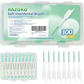 RAZOKO Soft Interdental Brushes Original, Dental Picks for Cleaning Teeth, Disposable Interdental Brushes, with Convenient Carry Case (Blue, 300 Count)