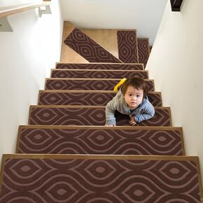 15pcs 8x30inch Non-Slip Polyester Runners, Reusable Indoor Stair Treads for Elders, Kids, Pets, Brown