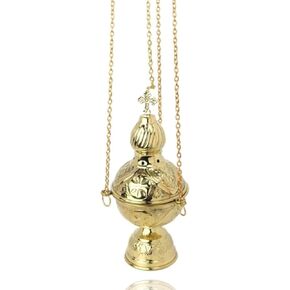 Carved Hanging Brass Censer, Religious Incense Burner, 33 Inches