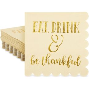 50 Pack Thanksgiving Cocktail Napkins Party Supplies Table Decorations, Eat Drink and Be Thankful (5 x 5 In)