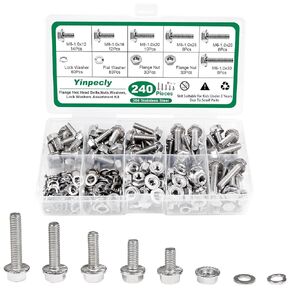 Yinpecly M6-1.0 x 12/16/20/25/30mm Flanged Hex Head Bolts, 240 Pcs M6 Flange Hexagon Screws Serrated Flange Nuts, Washers & Lock Spring Washers, 304 Stainless Steel Bolts and Nuts Kit