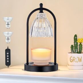 Candle Warmer Lamp with Timer, Black Candle Lamps Linen Fabric Shade, 3-Level Dimmable Candle Light Wax Melt Warmer for Scented Wax, 35W Electric Warmer Lamp for Women Home Decor (2 Bulbs Included)