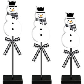 Geetery 3 Pcs Winter Snowman Table Decor Snowman Wooden Centerpieces for Tables Farmhouse Standing Christmas Snowman Tabletop Decor Rustic Snowman Block Decorations for Home Kitchen(Black,White)
