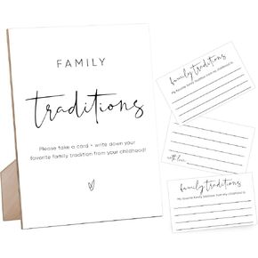 Family Traditions Sign, Baby Shower Sign for Baby Shower Centerpiece, Baby Shower Party Favors for Baby Shower Activities and Baby Gender Reveal Games, White Simple Style Wood Sign & 50 Cards,10