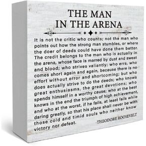 Inspirational Quote the Man in the Arena Wood Box Sign, Motivational Office Gifts for Men Coworker Employee Friend, Motivational Office Wall Art Rustic Wooden Sign for Desk Shelf Table Decor