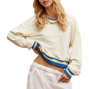 Women Cropped Sweatshirts Long Sleeve Color Block Drop Shoulder V Neck Fall Oversized Pullover Tops