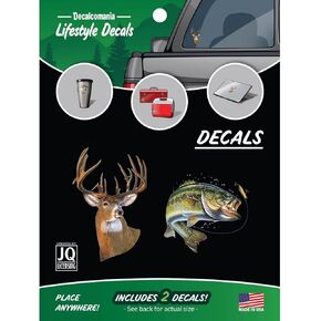 Decalcomania Deer & Bass Decals - Set of 2 Outdoor Hunting Fishing Car Stickers for Car Truck Laptop Water Bottle