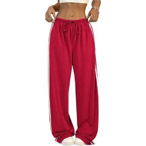 Women's Side Striped Pant Baggy Wide Leg Sweatpants Drawstring Low Waisted Slit Track Pants Streetwear Joggers