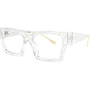 VOOGLAM Square Rhinestone Non Prescription Glasses with HD Clear Lenses for Women Oversize Black Fashion Diamond Eyewear