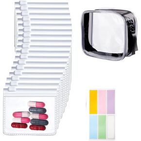 30 Pcs Pill Pouches Reusable Clear Zippered Pill Bag, Transparent PVC Toiletry Carry Pouch, 60 Pcs Waterproof Labels Stickers Travel Organizer Storage with Slide Lock for Pills Small Items