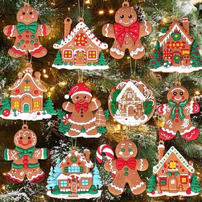 12Pcs Gingerbread Ornaments for Christmas Tree Decorations, Plastic Gingerbread Christmas Decorations and Gingerbread House Ornaments for Holiday Christmas Tree Hanging Decorations