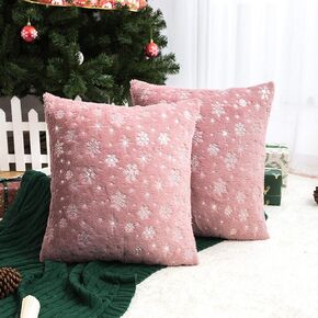 AQOTHES Soft Faux Fur Fuzzy Cute Decorative Throw Pillows Covers with Snowflake Glitter Printed Pillowcases for Christmas Decor Home Bed Room Sofa Chair Couch, Pink 18x18 inch, Pack of 2