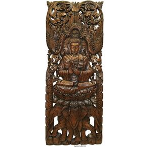 Buddha Large Wood Wall Art Carved Wood Wall Panel in Dark Brown Finish, Size 35.5"x13.5"x1"