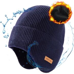 TOP-EX Oversized XL XXL Mens 50% Merino Wool Ear Flap Fleece Lined Cold Weather Ski Running Beanies Hats Big Hat