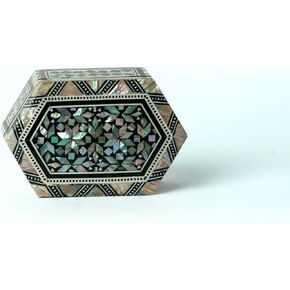 Egyptian Wooden Jewelry Box with Mother of Pearl Inlaid - Elongated Hexagon Unique Gift Container - Arabesque Pattern Design - Velvet Lined - Made in Egypt