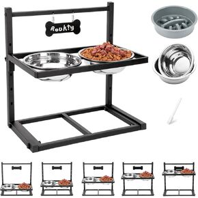 Elevated Dog Bowls with Slow Feeder - 9 Heights Adjustable Raised Dog Bowl Stand with Two 1.7L Stainless Steel Dog Food Bowls & Slow Feeder and a Nonslip Pad, Perfect for Medium Large Sized Dog