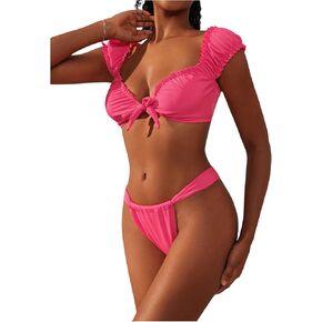 OYOANGLE Women's 2 Piece Swimwear Frill Trim Short Sleeve Tie Front Bikini Set High Cut Thong Bathing Suits in Kuwait
