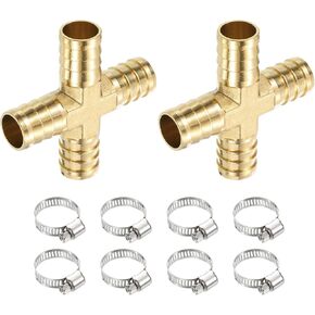 uxcell 4Set Brass Cross Pipe Fitting with Hose Clamp, 3/4" (19mm) Cross Barb Union Fitting Pipe Adapter for Water/Fuel/Air Transport Connect Pipelines