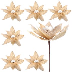 Zeyune 6 Pcs Christmas Poinsettia Flowers Artificial 12 Inch Large Frost Edged Flannel Christmas Flowers Faux Poinsettia Flowers Christmas Tree Flowers for Xmas New Year Wedding Party(White)