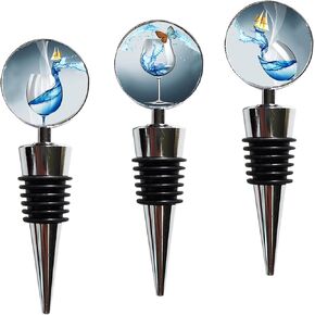 Wine Bottle Stoppers, Set of 3 Stainless Steel Wine Stoppers with Decorative Art Glass, Wine and Beverage Bottle Corks for Gifts, Bar, Wedding, Holiday Party (Wine Glass)