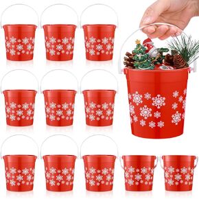 24 Pcs Christmas Plastic Buckets with Handle 4.69 x 3.78 x 4.8 Inch Christmas Snowflake Buckets Small Red Christmas Candy Pails Home Gifts Toy Baskets for Winter Holiday Party Decorations