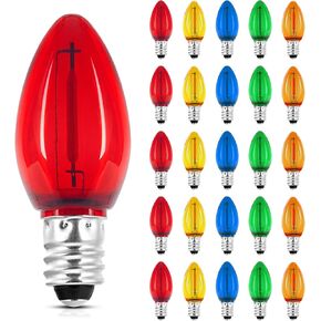 C7 Colored Light Bulbs, Led Night Light Bulbs Multicolor 25 Pack Outdoor Indoor String Light Replacement, E12 Candelabra Base Bulbs Shatterproof 0.6 Watt