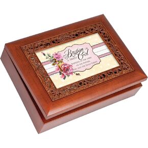 Cottage Garden Baptism of a Sweet Girl Woodgrain Inlay Jewelry Music Box Plays Ave Maria