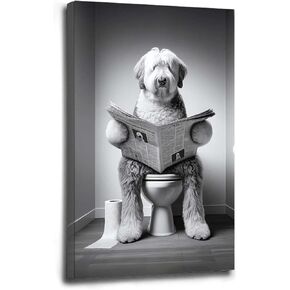 GOVWSRBJ Funny Animal Canvas Wall Art Golden Retriever on Toilet and Reading Newspaper Art Print Animal Sitting on Toilet Bathroom Poster Funny Dog Picture Gift for Dog Owner Bathroom Decor Poster