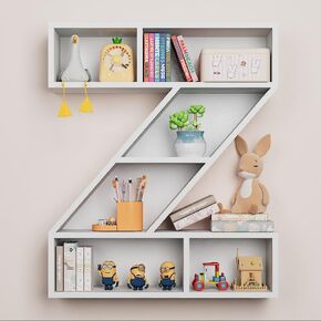 White Wooden Letter Z Shelf - Floating Kids Bookshelf Wall Mounted, Z Letter Floating Shelves for Kids Room, Rectangle Bookcase for Wall Storage, Modern Display Shelves for Living Room,Bedroom