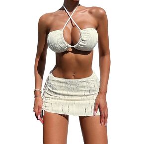 SweatyRocks Women's 3 Piece Bathing Suit Criss Cross High Cut Halter Bikini Swimsuit with Cover Up Skirts