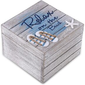 CoTa Global Aqua Sky Relax Wooden Box - Large Handcrafted Nautical Trinket with Sandals and Starfish Decoration, Accent Tabletop Home Decor, Beach Jewelry Store Organizer